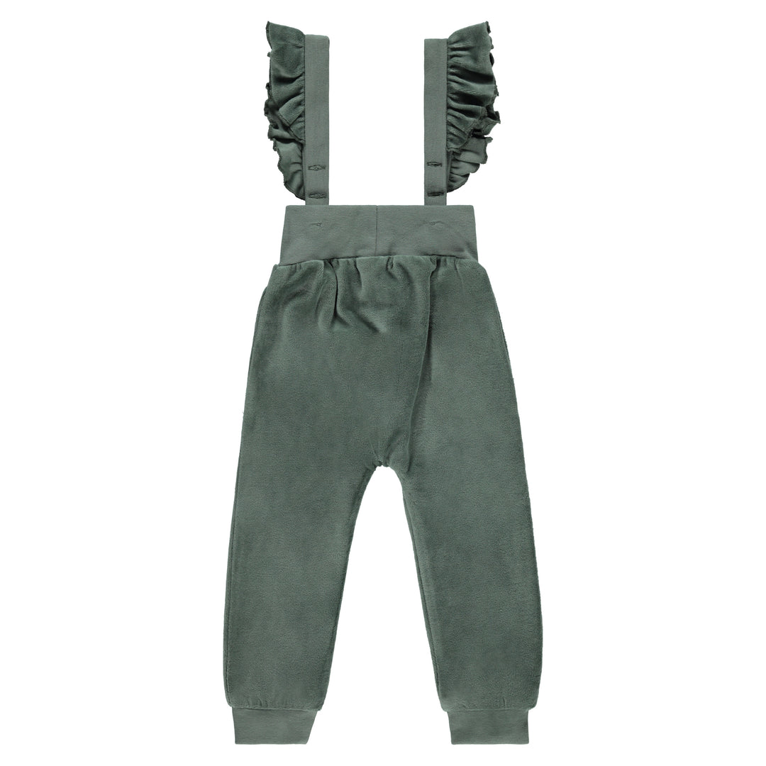 one piece velour ruffle overalls - sage