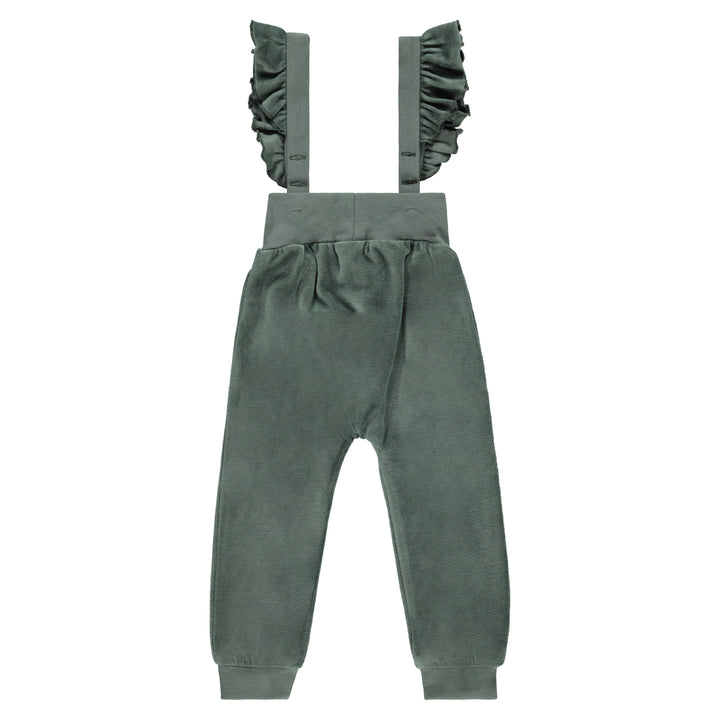 one piece velour ruffle overalls - sage