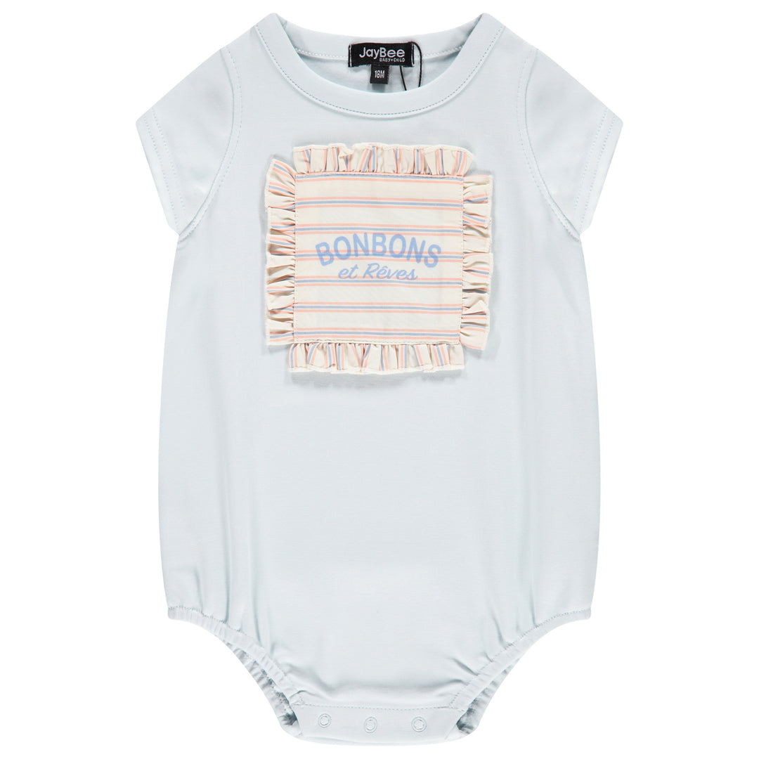 one piece striped bonbon patch ruffle romper - country blue