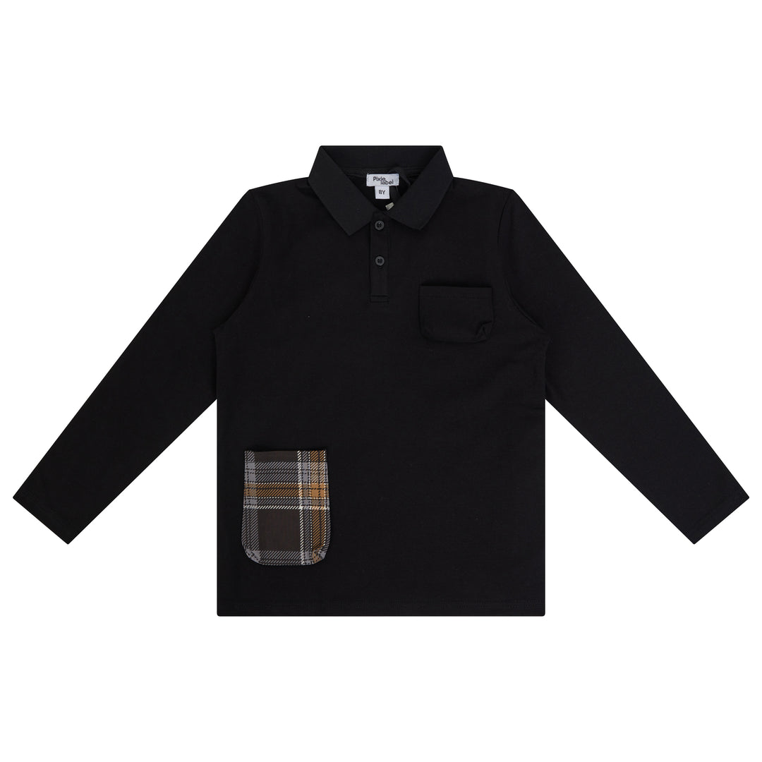polo l/s plaid pocket - black
