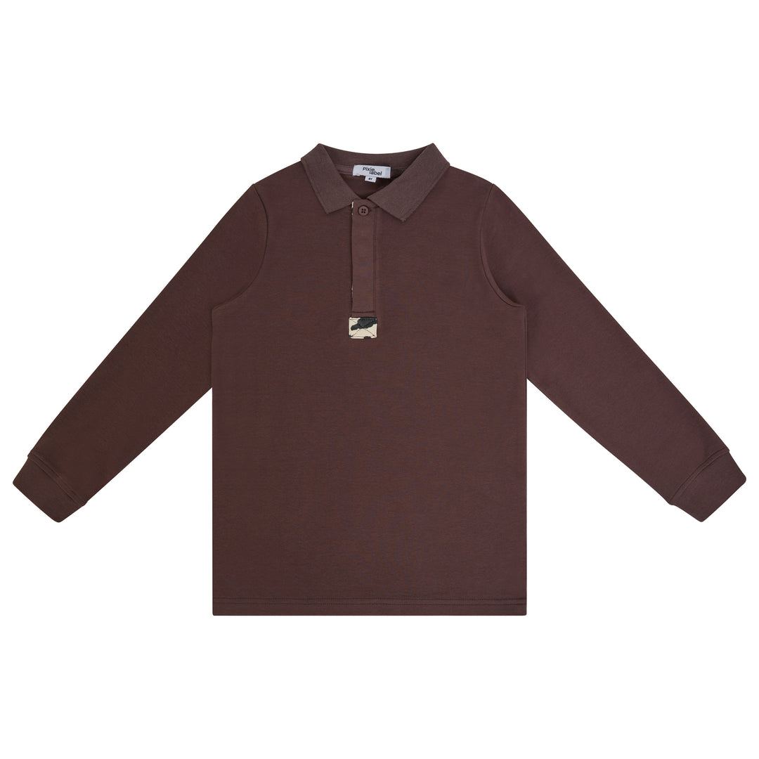 polo l/s printed placket - brown