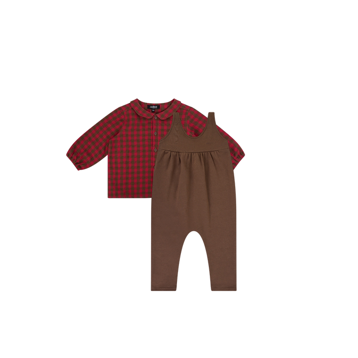 set outfit checkered peter pan collar shirt and overalls - chestnut/berry