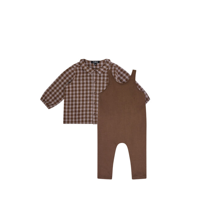set outfit checkered collar shirt and romper - chestnut/slate