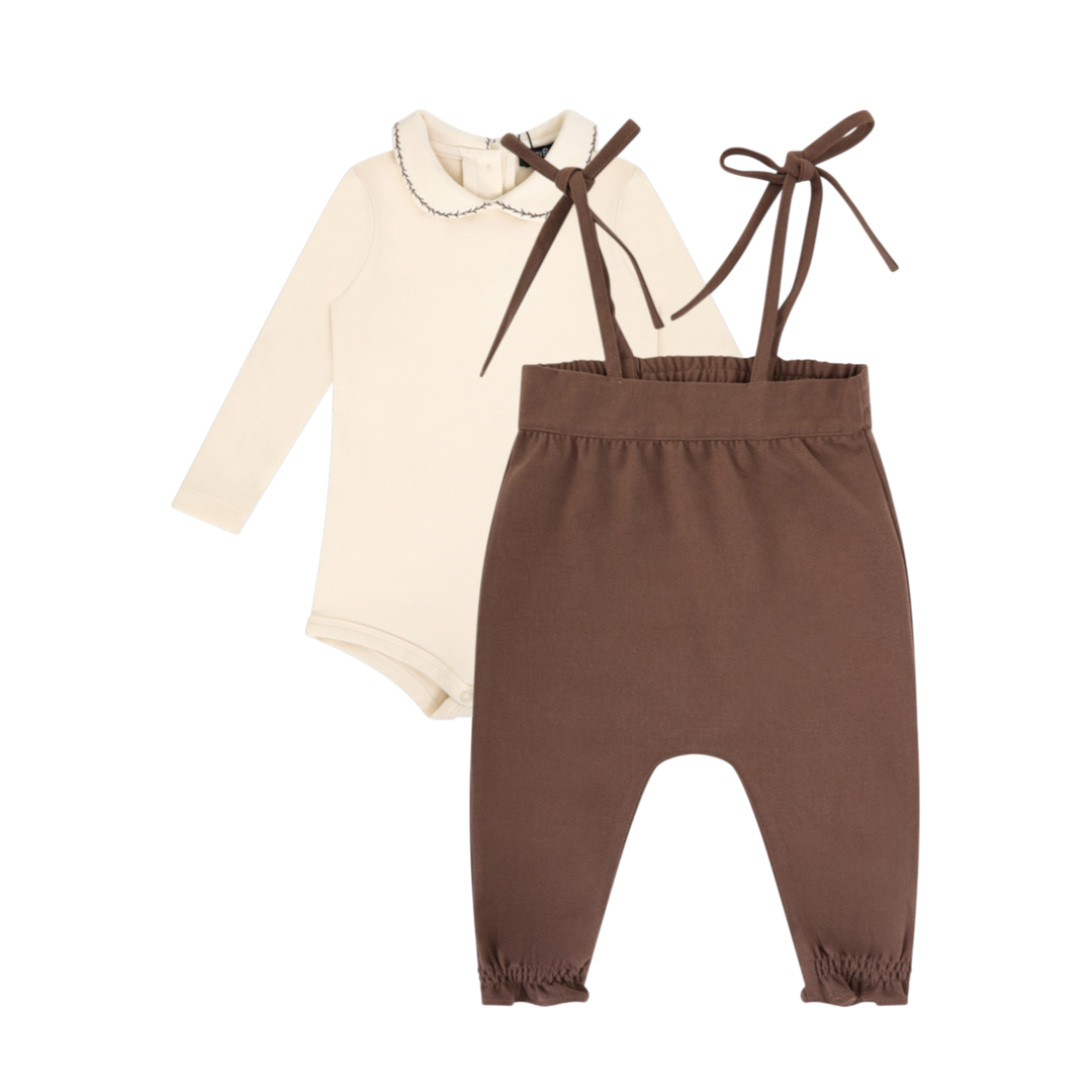 set knit romper and shirt - toffee/cream