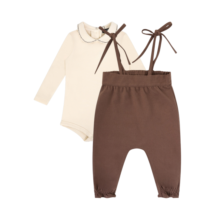 set knit romper and shirt - toffee/cream