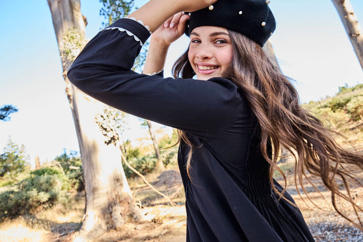 maxi dress olivia scalloped mini pleats - black