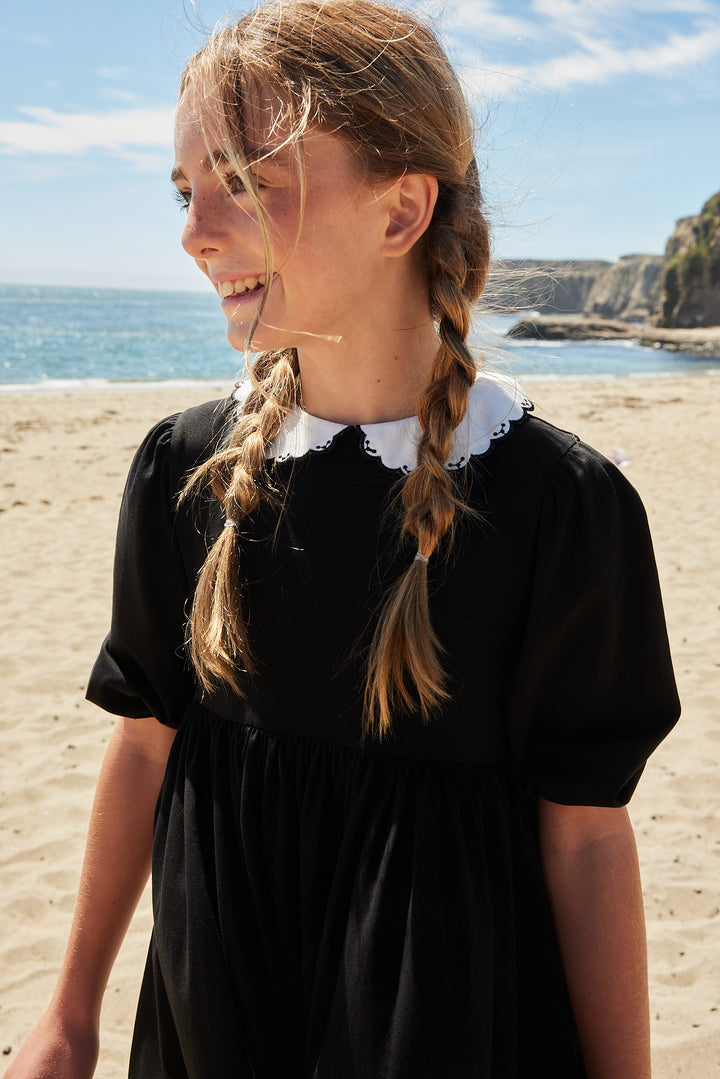maxi dress high waisted contrast collar - black