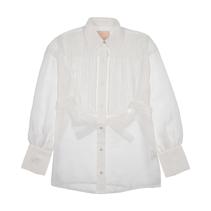 shirt l/s pintuck blouse with back tie - white