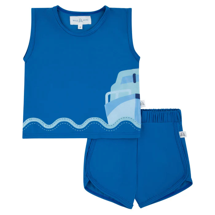 swim set scalloped detail boat tank and shorts - royal blue