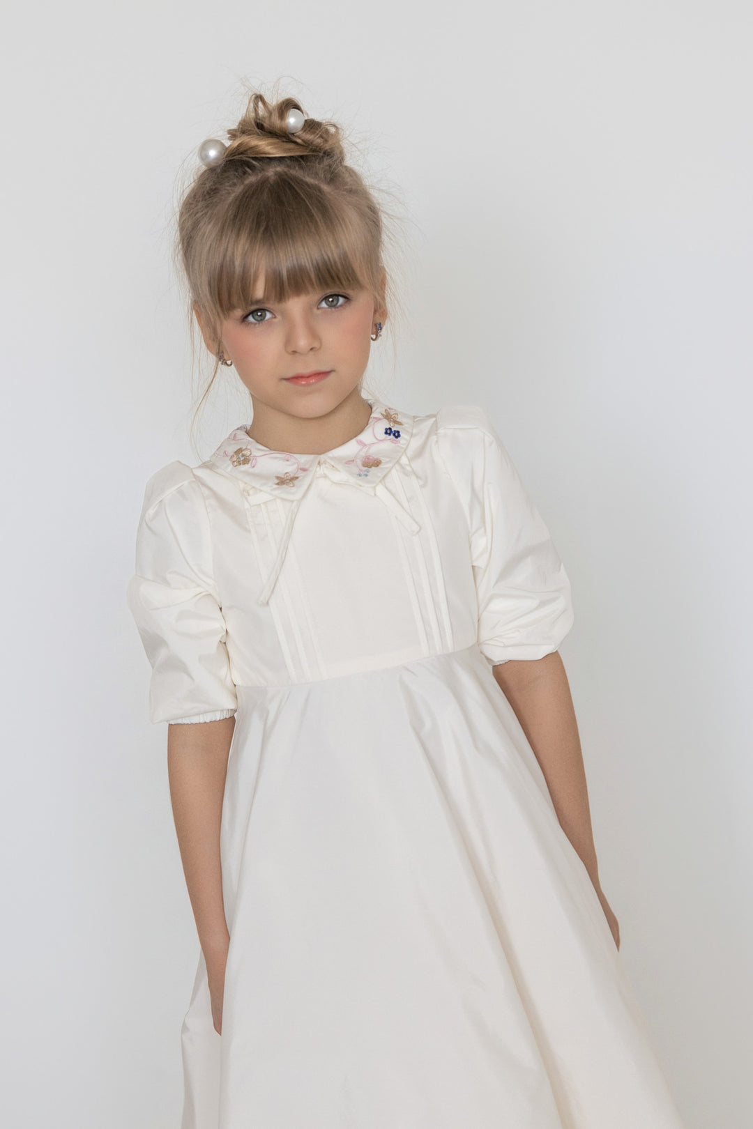 gown taffeta tucks with bright embroidered collar - cream