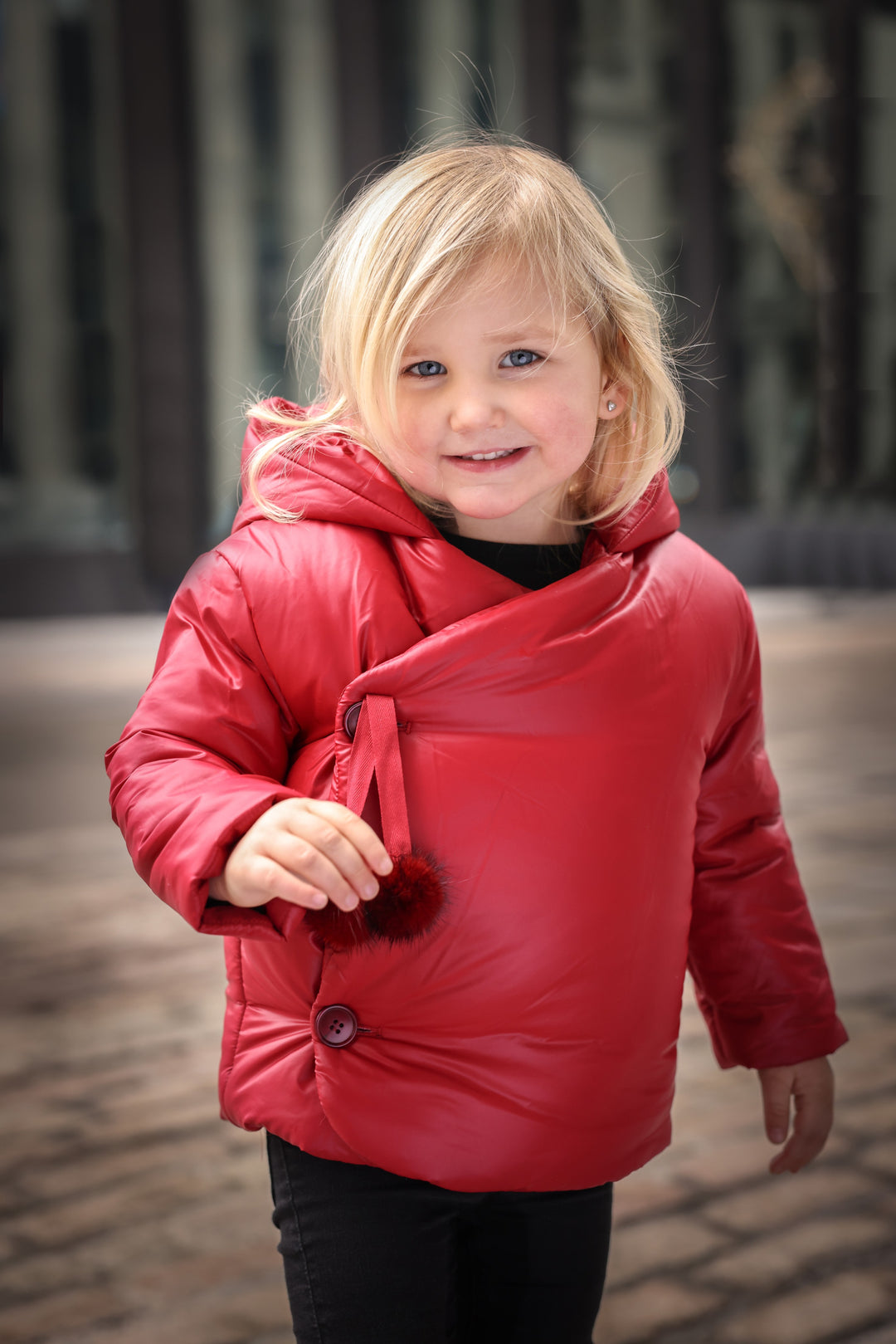 jacket wrap buttons with hanging pompoms and hood - red