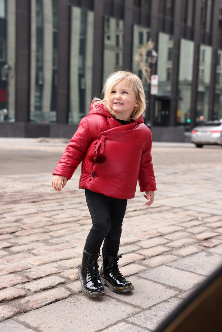 jacket wrap buttons with hanging pompoms and hood - red