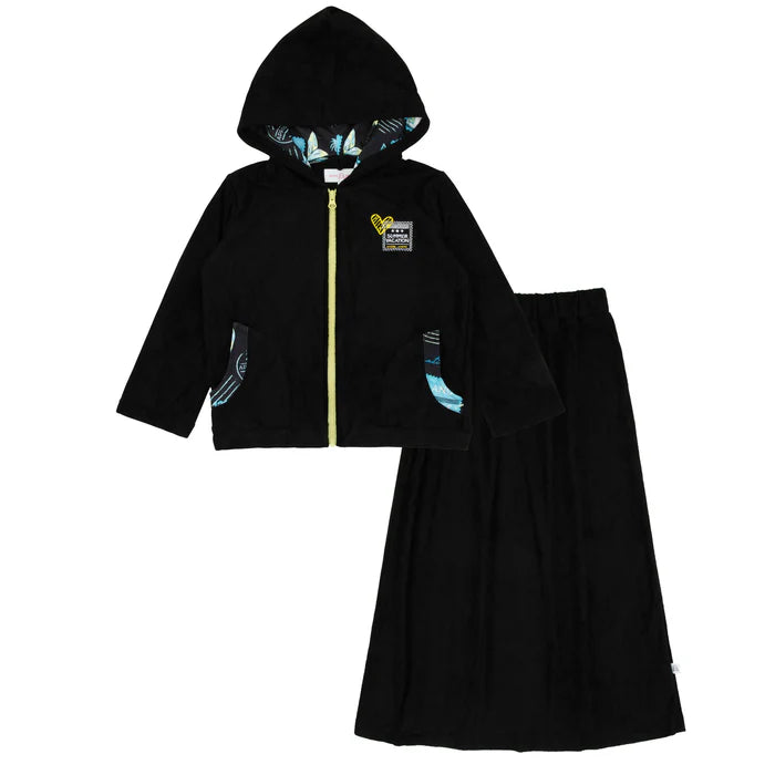 bathrobe 2 pc postcard color trim terry zip up and skirt - black