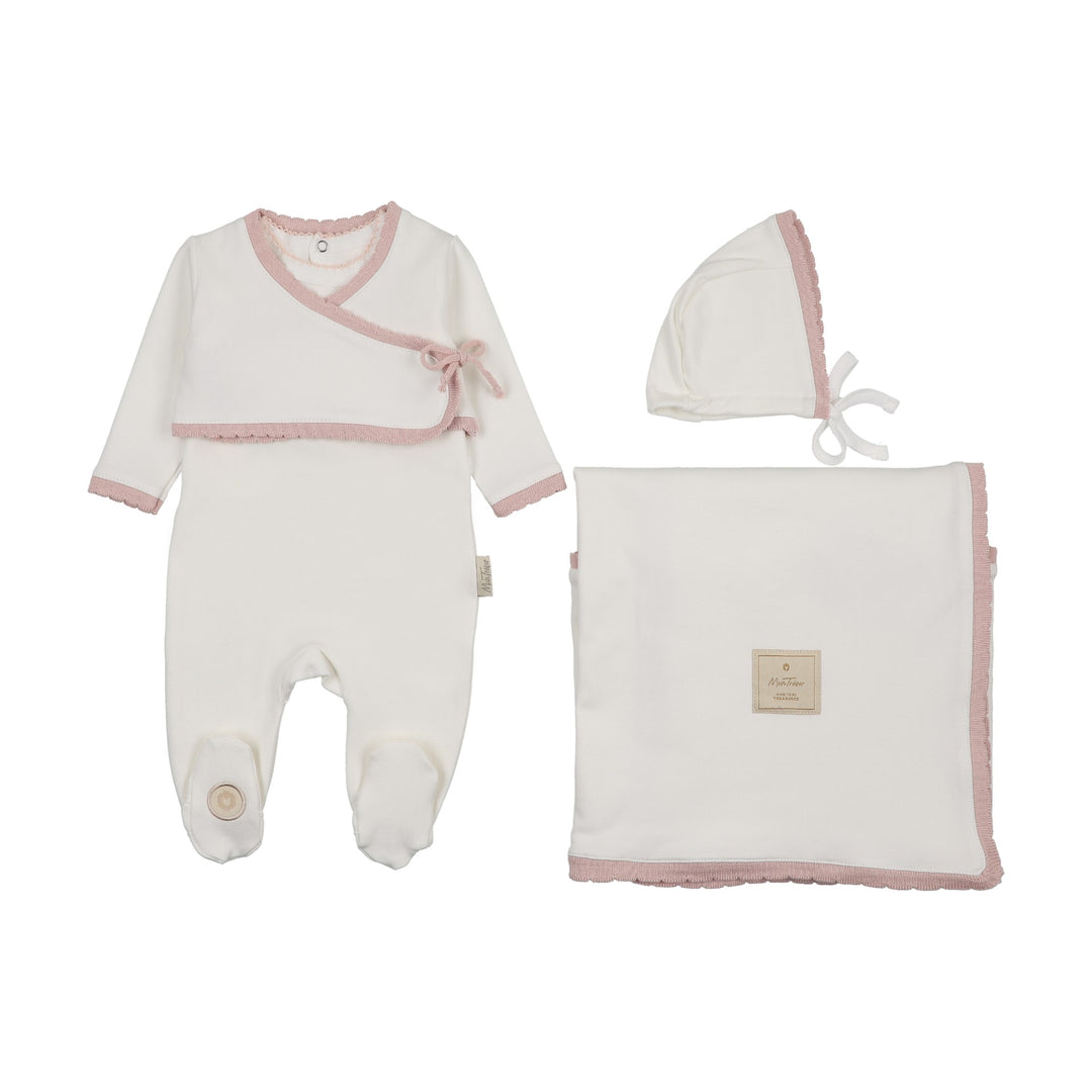 set footie scalloped wrap cardigan - ivory/pink