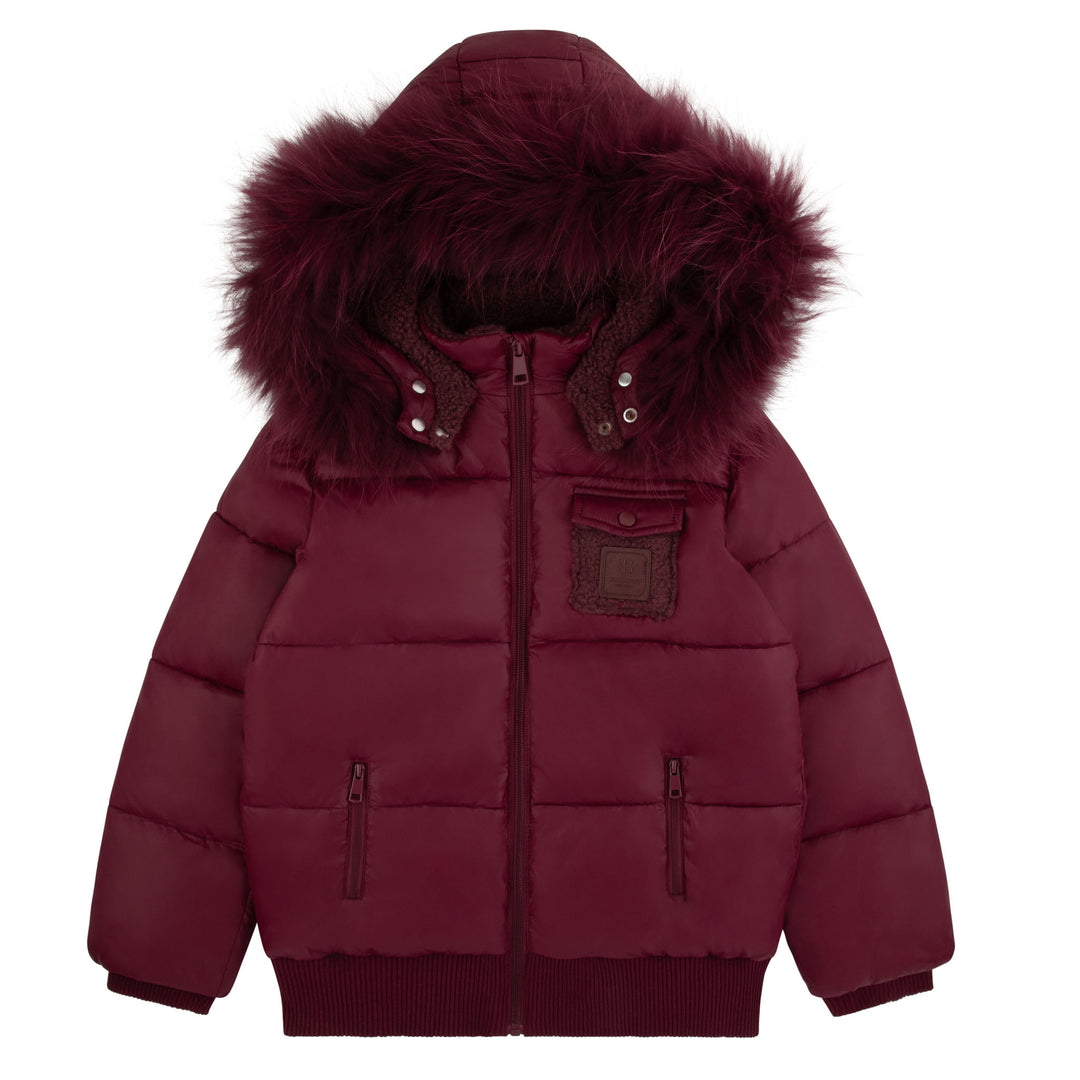 coat padded sherpa lining with fur hood - plum