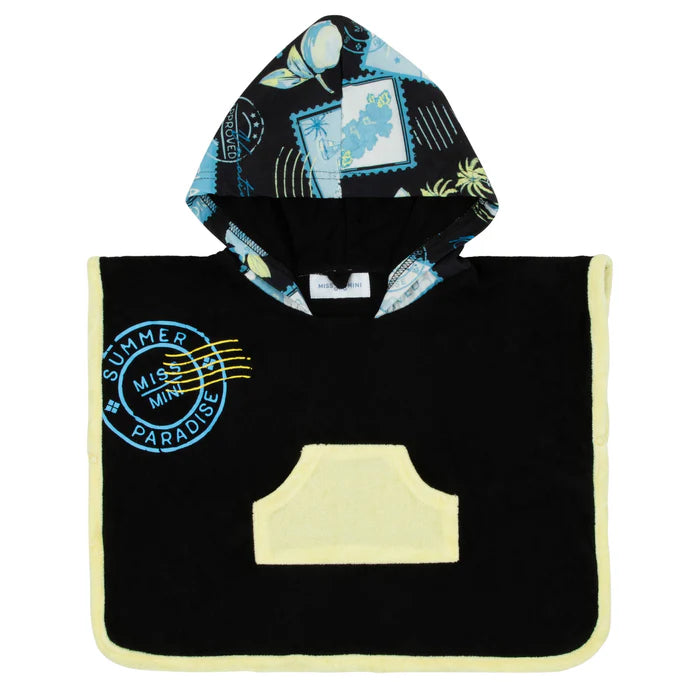 bathrobe postcard color trim terry poncho with pocket - black
