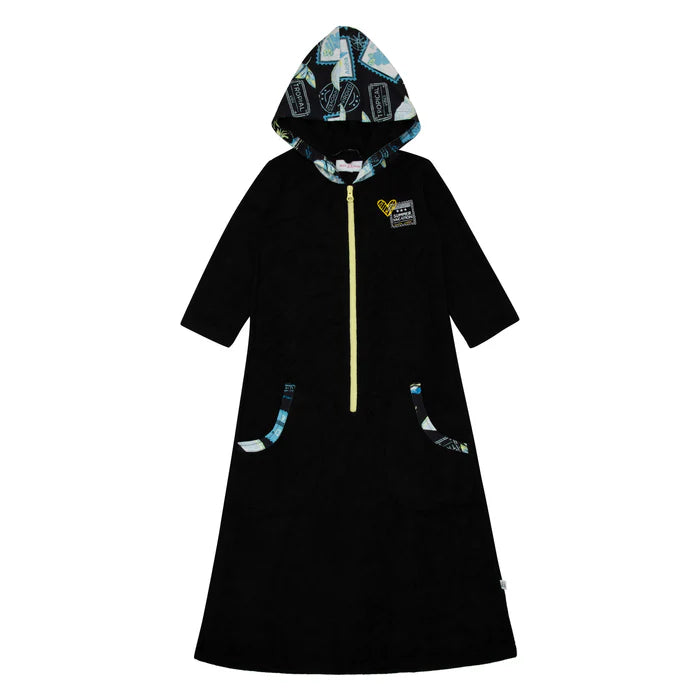 bathrobe postcard color trim half zip terry with hood - black