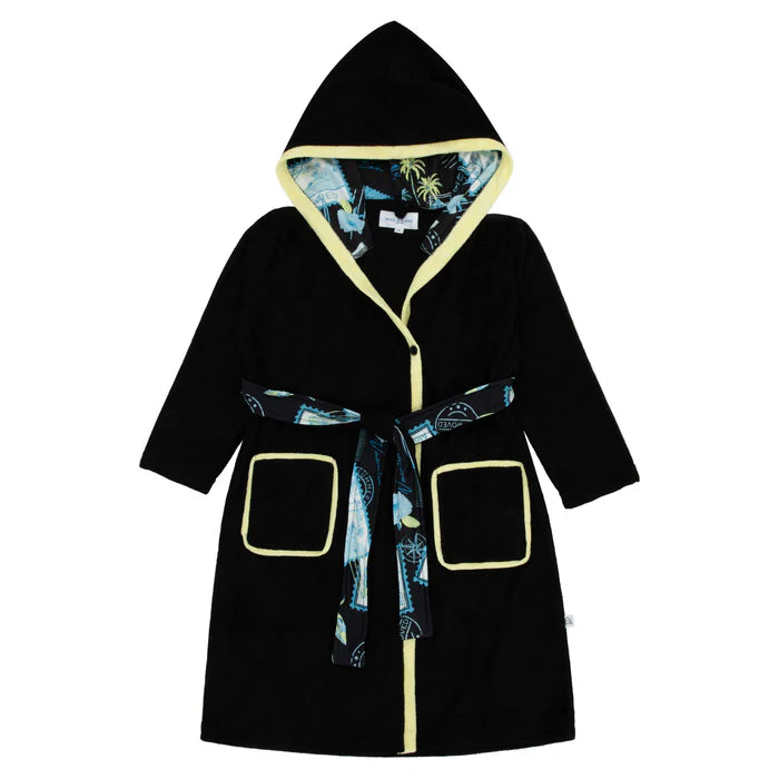 bathrobe postcard color trim terry tie with hood - black