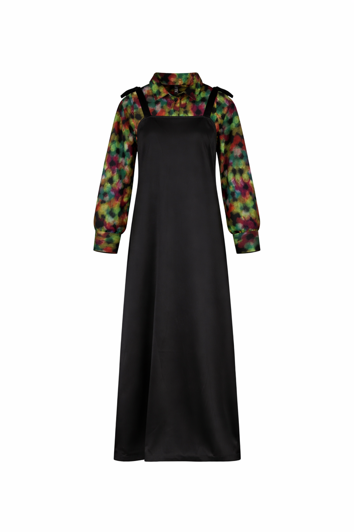 maxi dress bow tie jumper with printed silk shirt - black/floral