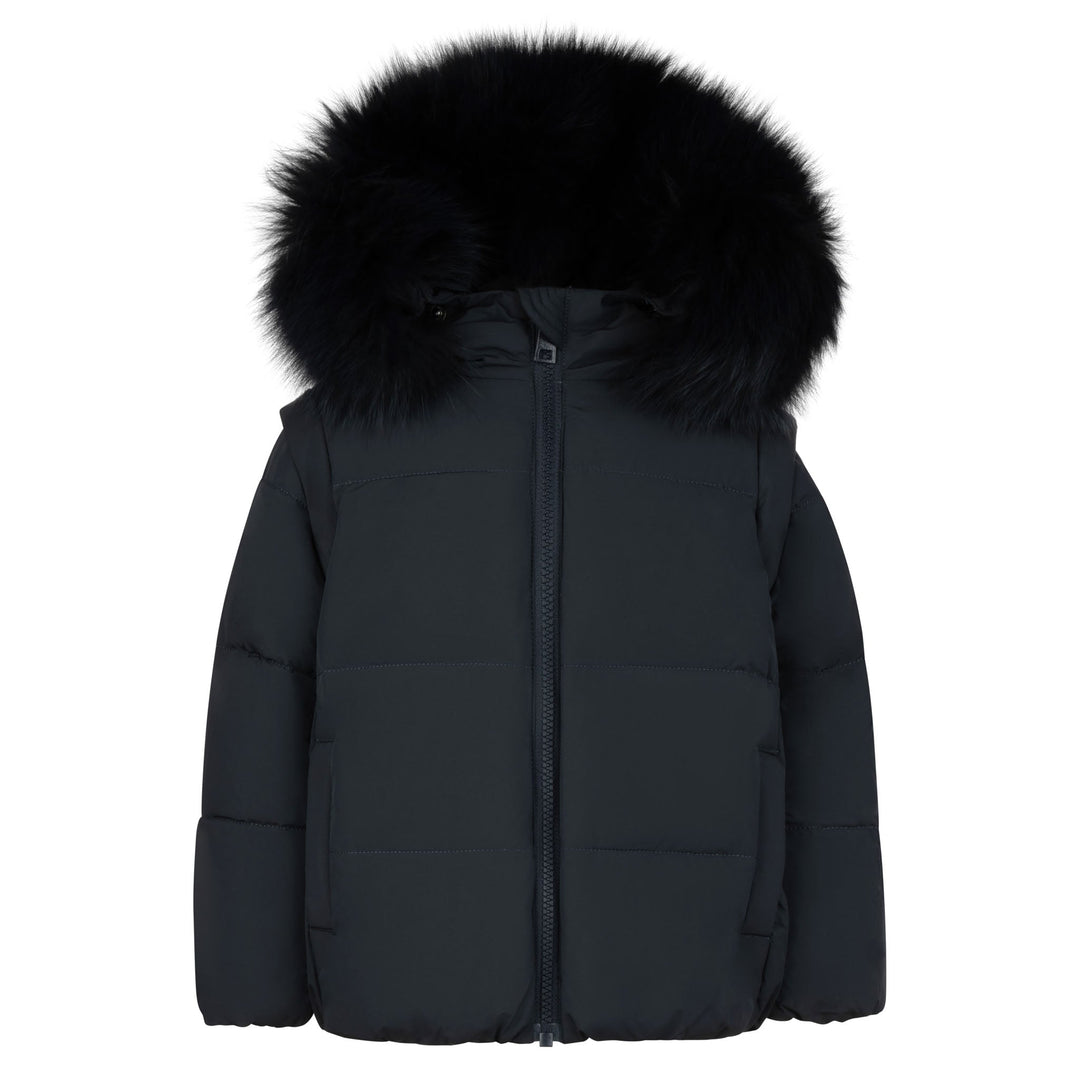 coat color zipper with fur hood - black