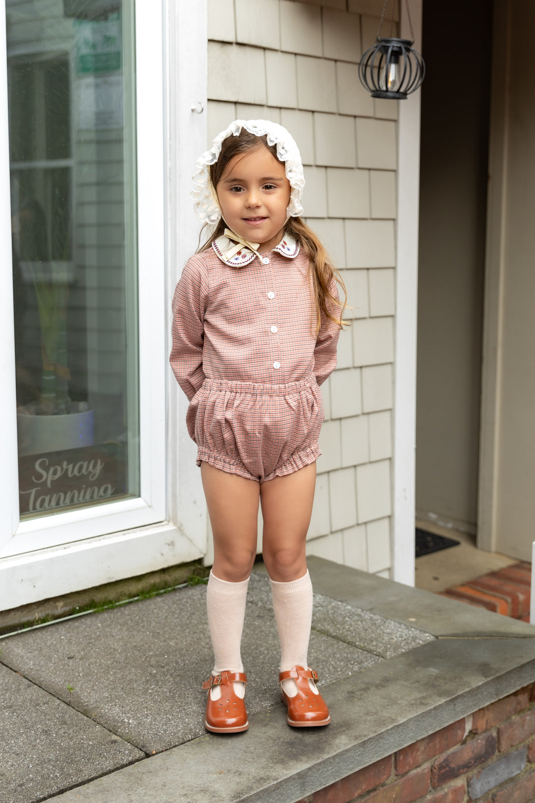set outfit houndstooth embroidered collar shirt and bloomers - pink