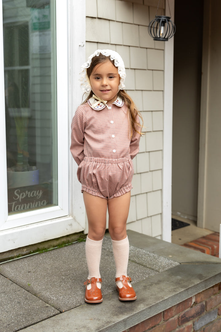 set outfit houndstooth embroidered collar shirt and bloomers - pink