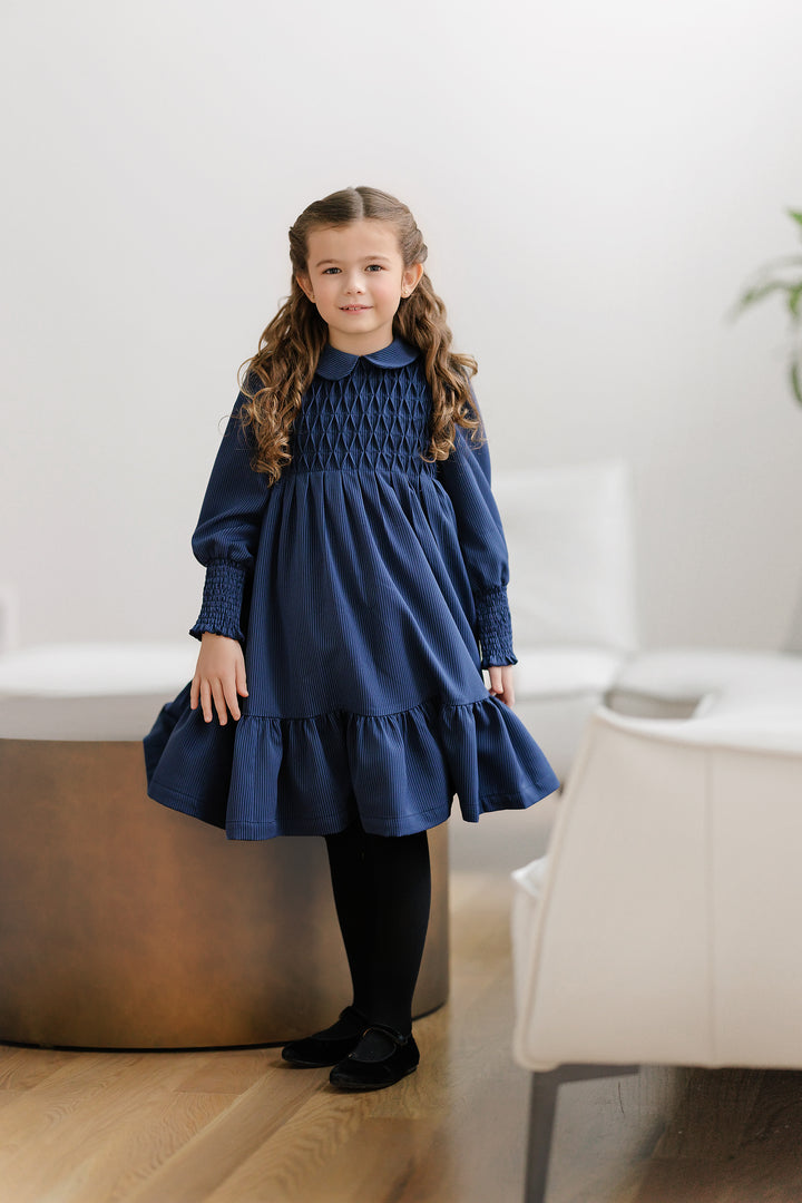 dress striped smocked with collar - blue
