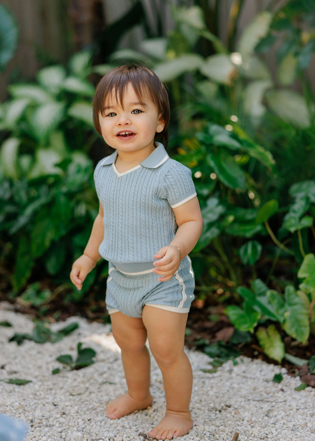 set outfit knit cable trim polo and shorts - blue/ivory