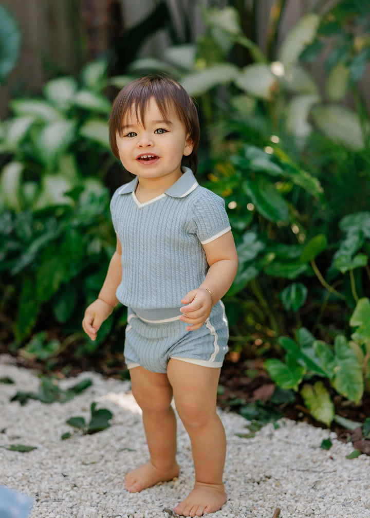 set outfit knit cable trim polo and shorts - blue/ivory