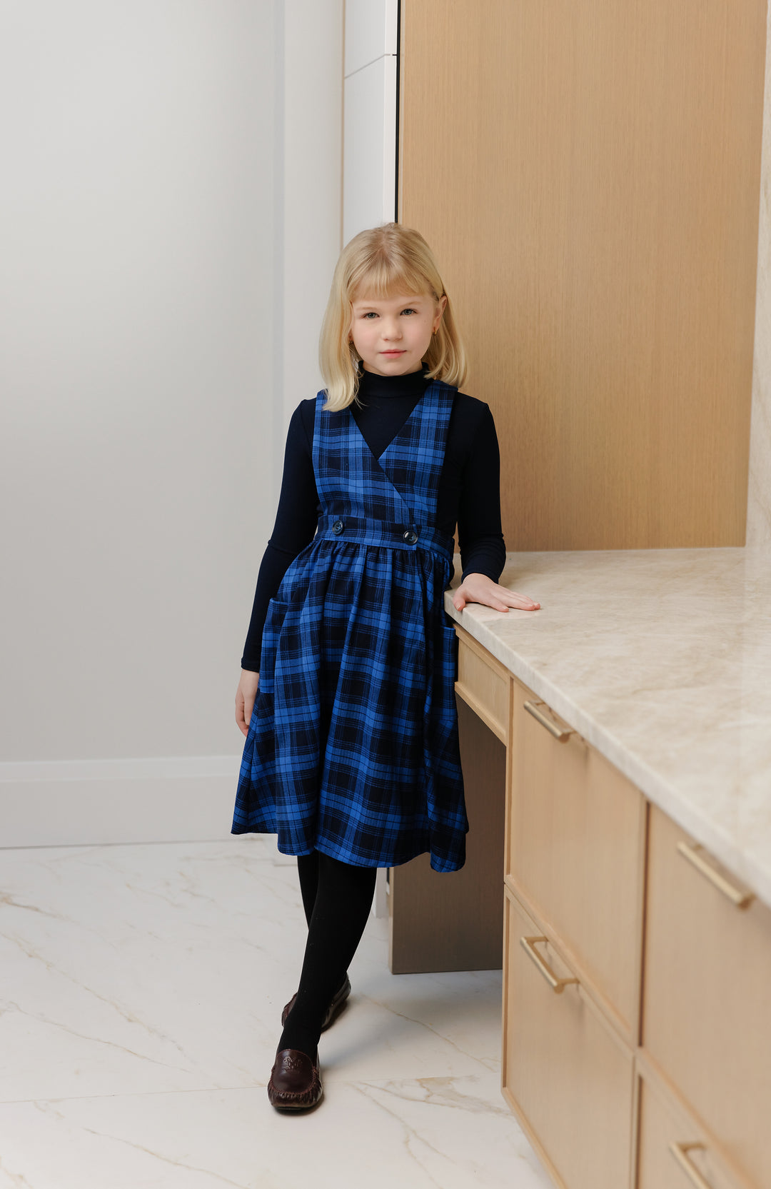 dress plaid pinafore v jumper - blue