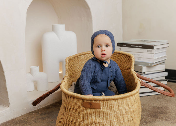 set knit overalls with cable cardigan and bonnet - blue