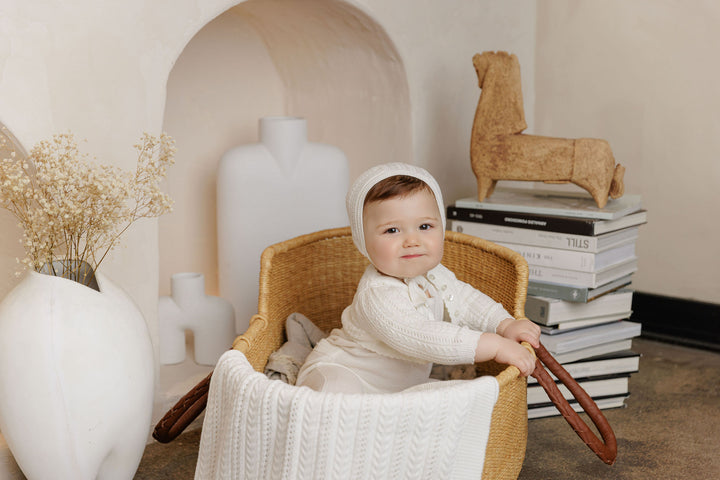 set knit footie with cable cardigan with bonnet and blanket - ivory