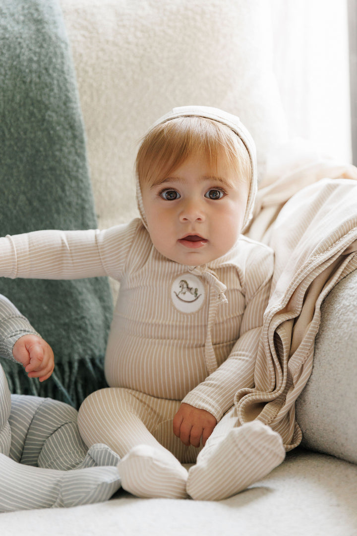 footie striped rocking horse with bonnet - tan