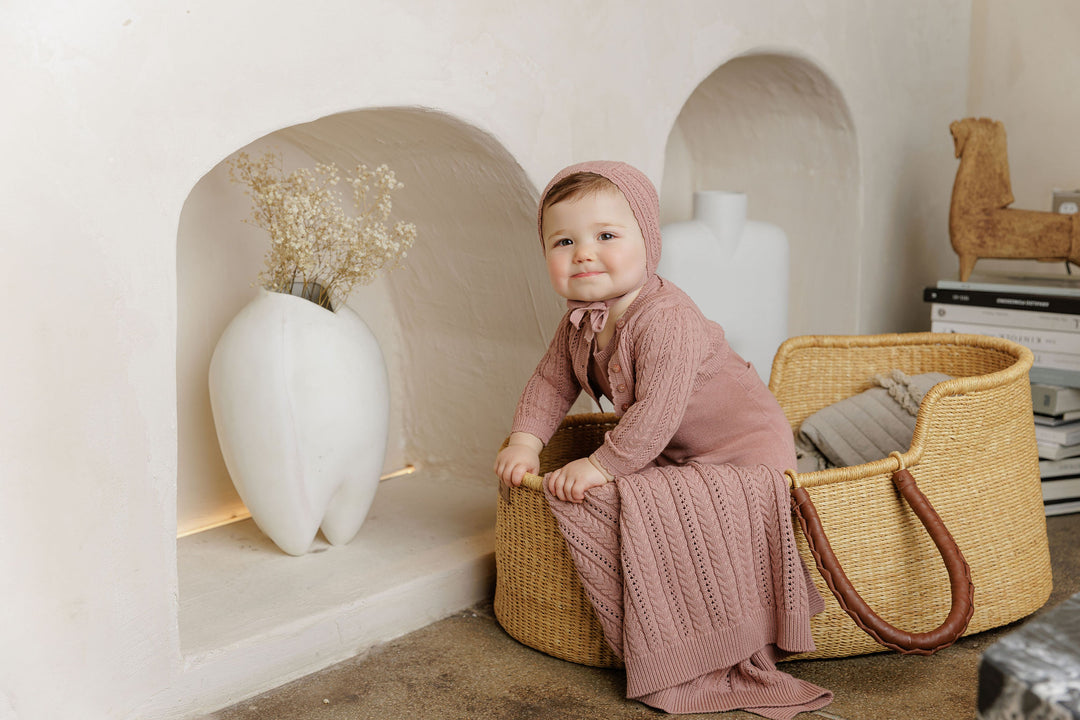 set knit footie with cable cardigan with bonnet and blanket - mauve