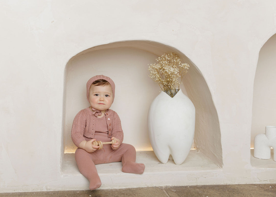 set knit overalls with cable cardigan and bonnet - mauve