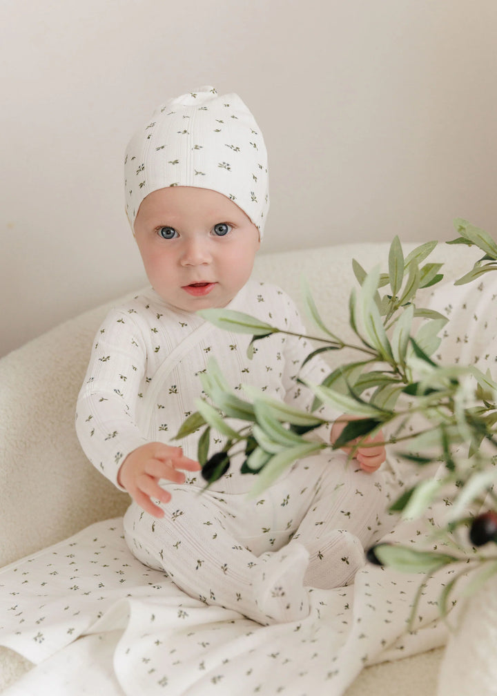 set footie floral print mock wrap with beanie and blanket - ivory/blue