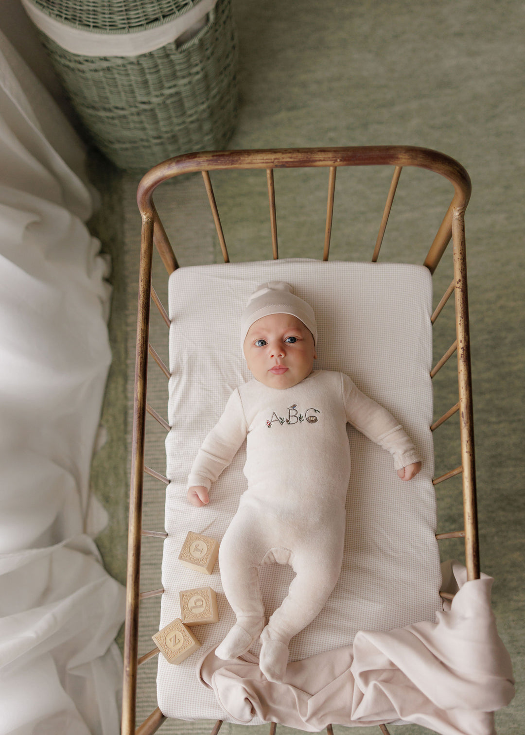 footie velour embroidered abc with beanie - tan