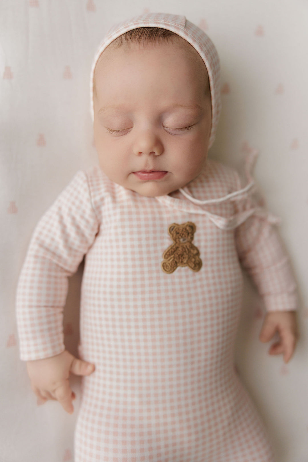 footie gingham sherpa teddy with bonnet - pink