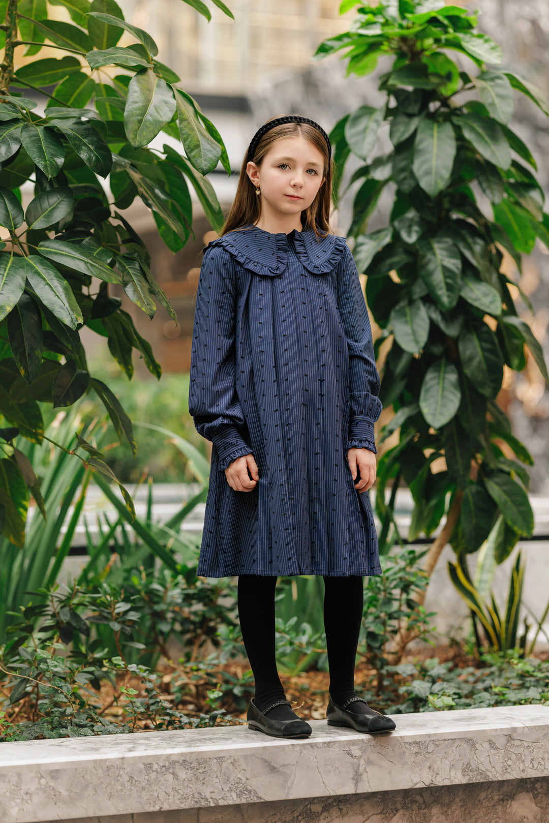 dress pinstriped bow print with large frill collar - blue