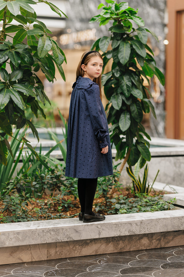 dress pinstriped bow print with large frill collar - blue