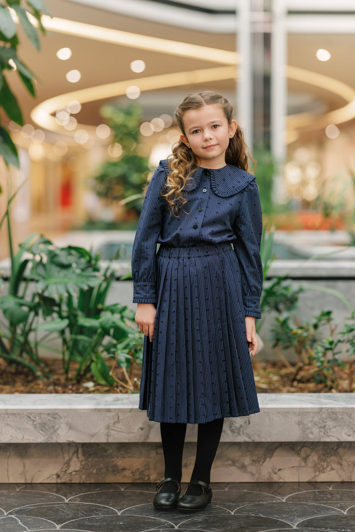 set outfit pinstriped bow print shirt and pleated skirt - blue