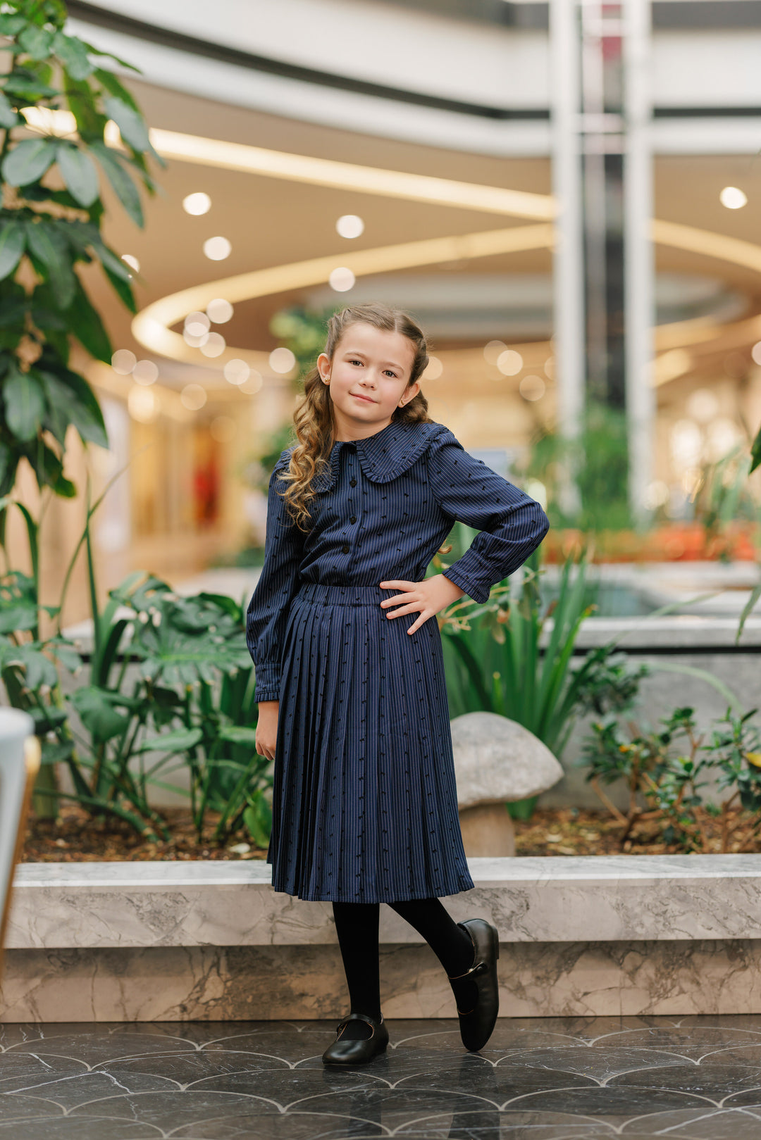 set outfit pinstriped bow print shirt and pleated skirt - blue