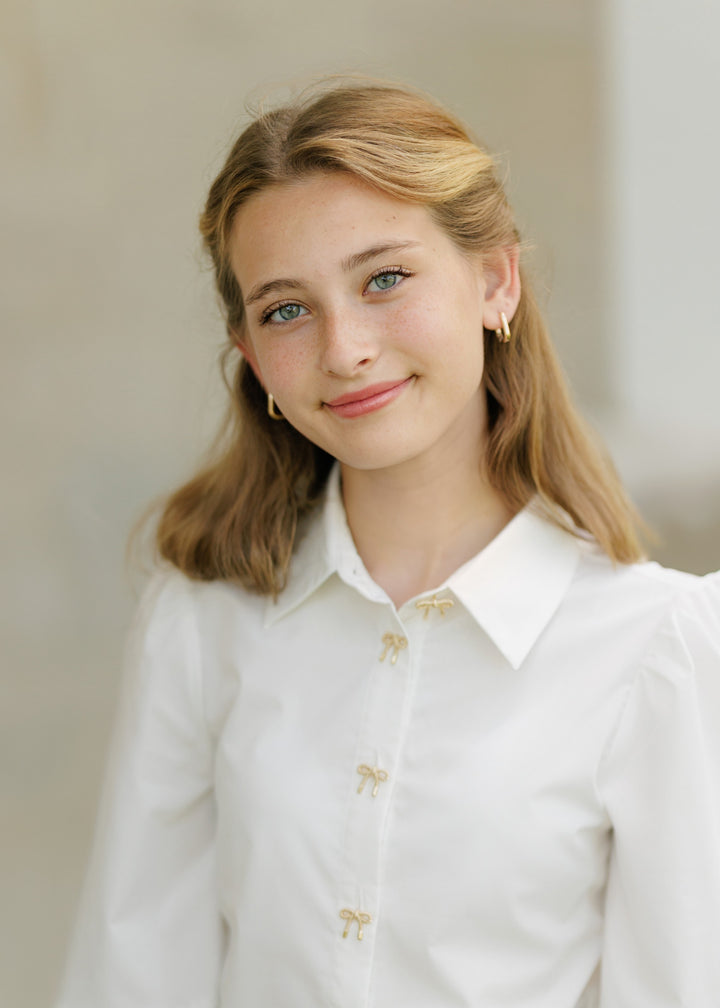 shirt l/s gold bow button blouse - white