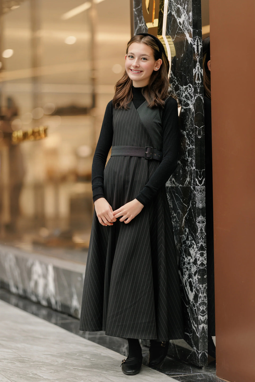 dress midi pinstripe wrap jumper with belt - black