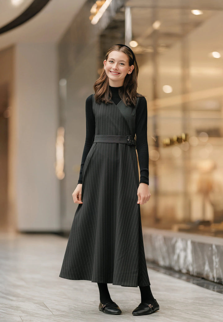 dress midi pinstripe wrap jumper with belt - black