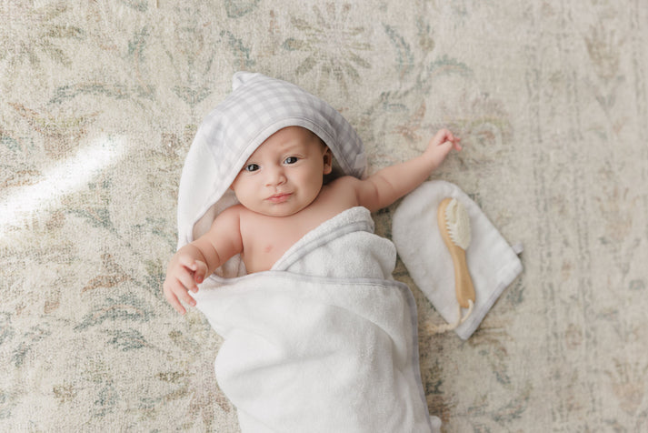 towel set print hood with wash mitten and brush - blue gingham