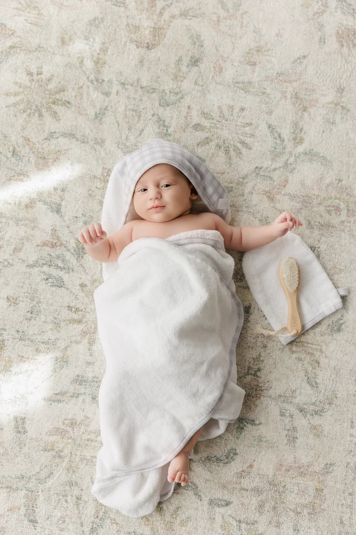 towel set print hood with wash mitten and brush - blue gingham