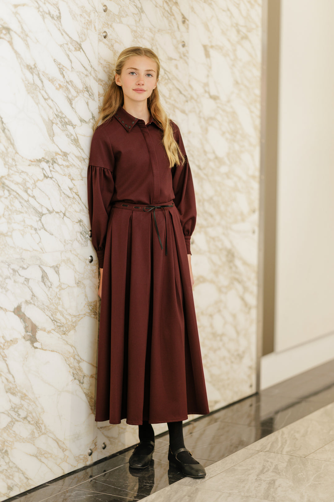 skirt ribbon stitched waist - burgundy