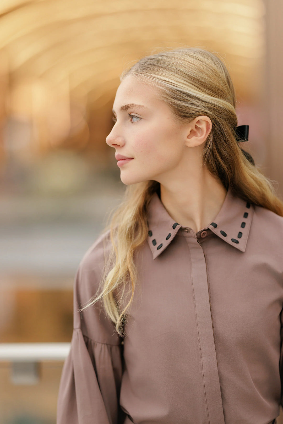 shirt l/s ribbon stitched collar - brown