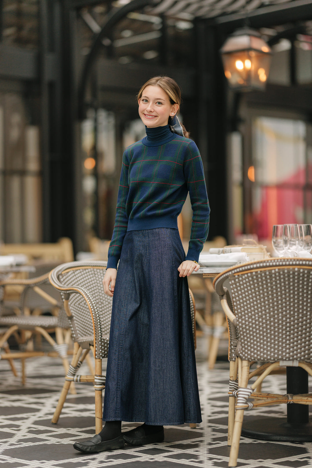 top l/s plaid sweater - navy